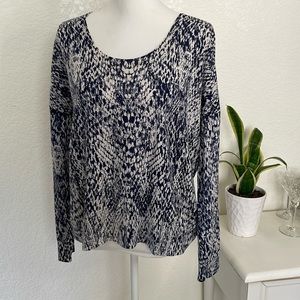 Garnet Hill Leopard Cheetah Print Merino Wool Crewneck Sweater‎ M Navy Cream